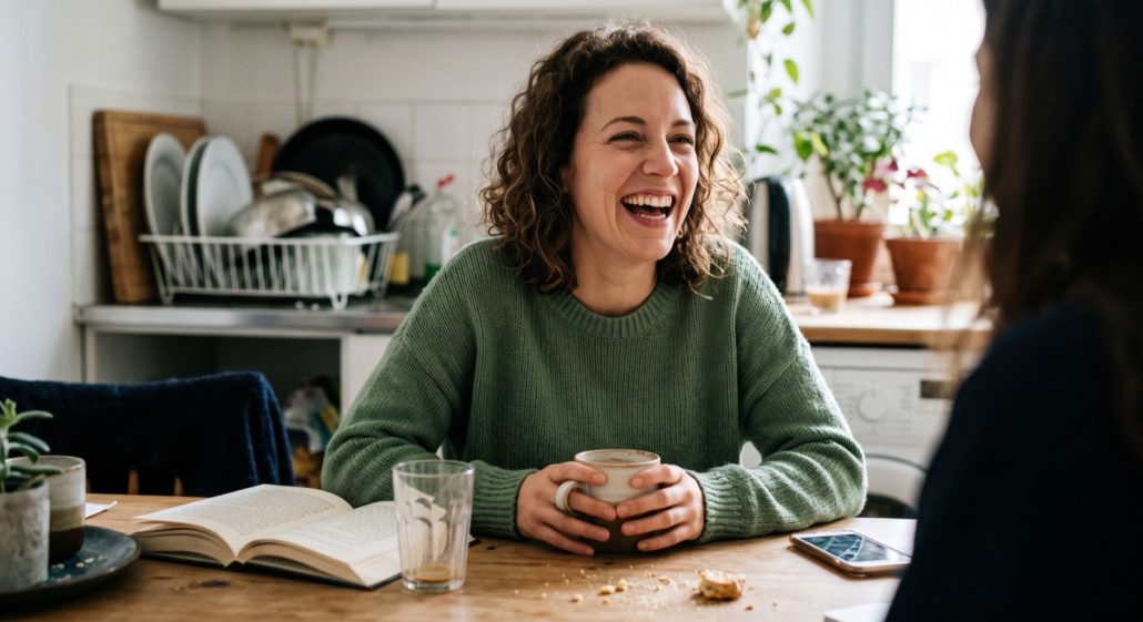 Lifestyle candid photo style example of a woman laughing at a kitchen table