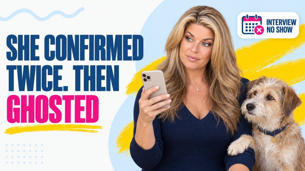 Pet business owner checking her phone after a job candidate no-shows for a scheduled interview