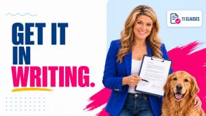 AI-enhanced image of Bella Vasta holding a pet sitting contract beside a golden retriever, with the words Get It in Writing.