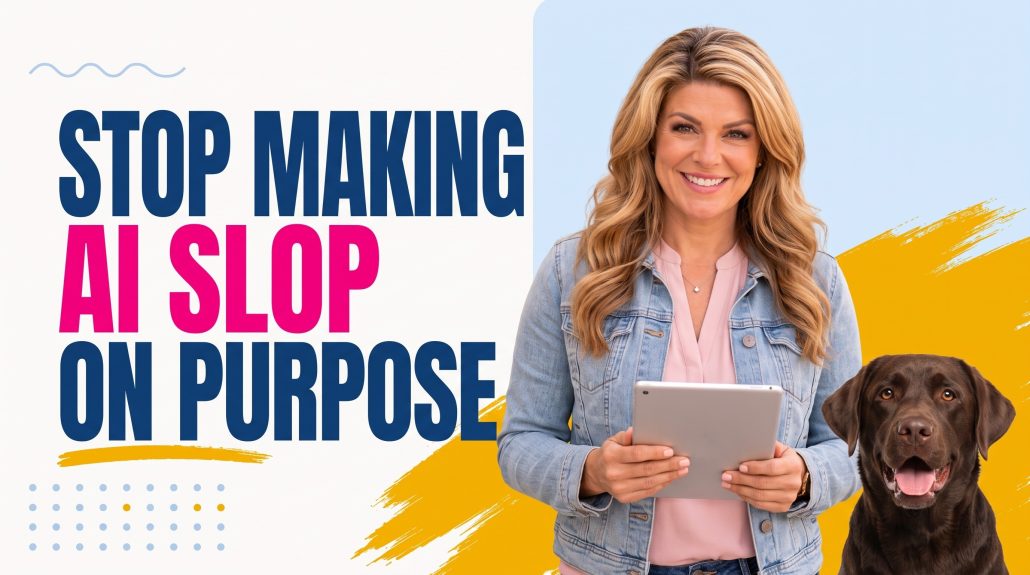 Bella Vasta holding a tablet next to a chocolate Lab beside the headline Stop Making AI Slop on Purpose