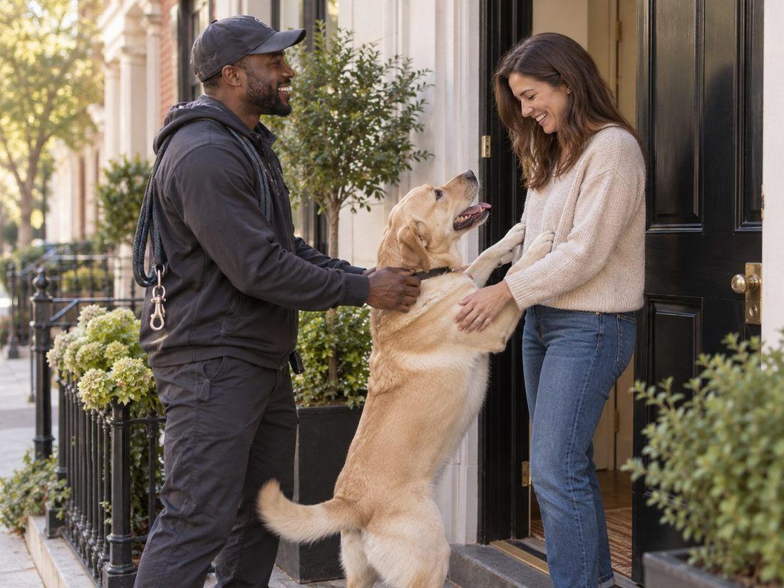 A dog walker greeting a client and an excited dog at the front door