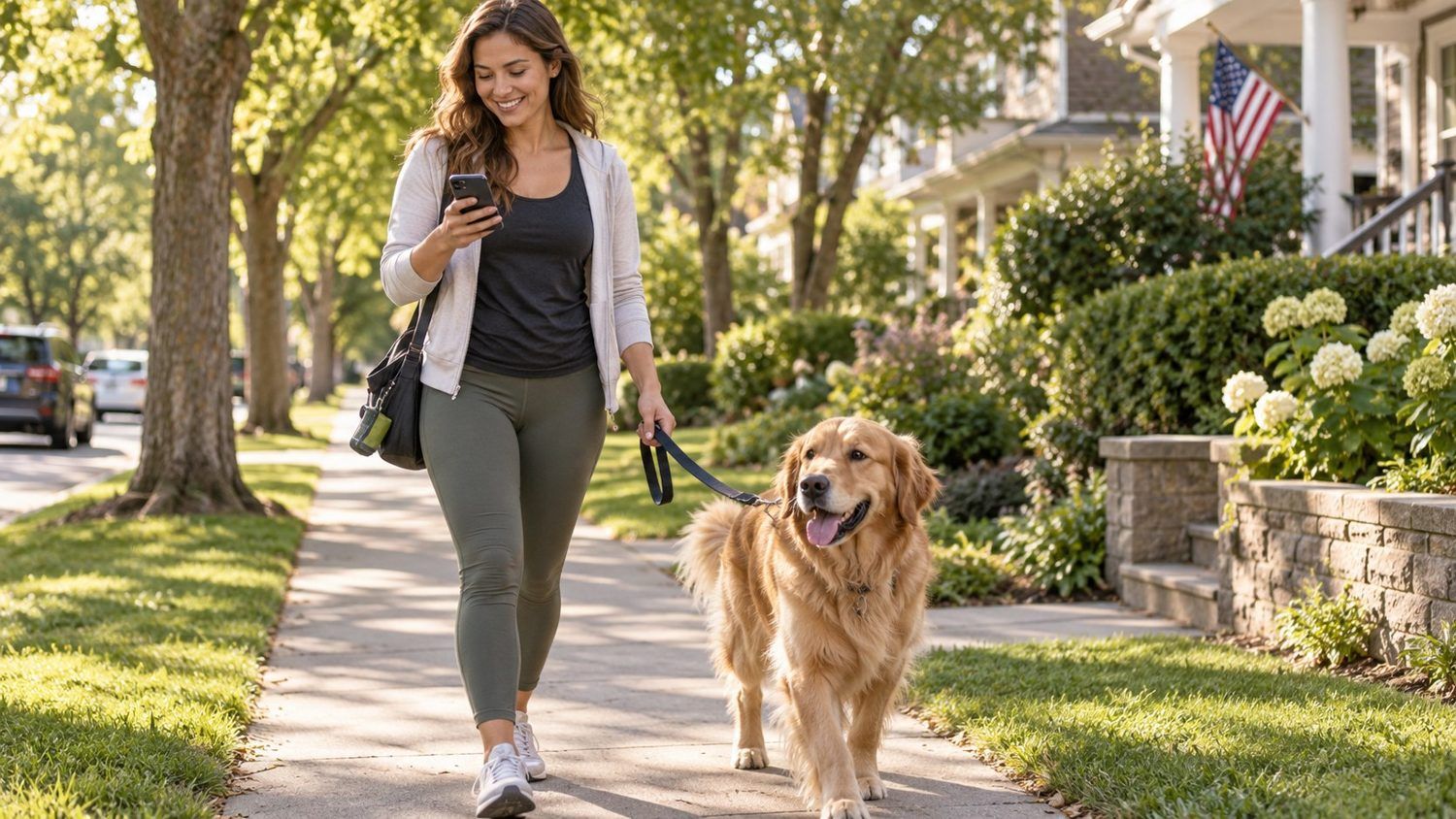 A pet sitter checking her phone while walking a golden retriever